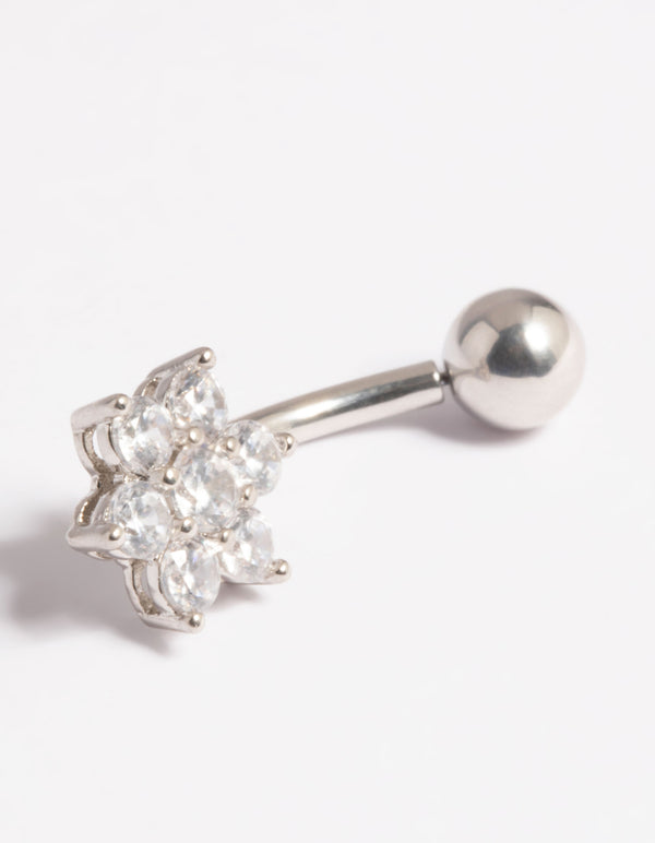 Platinum Plated Titanium Threadless Cubic Zirconia Flower Belly Bar