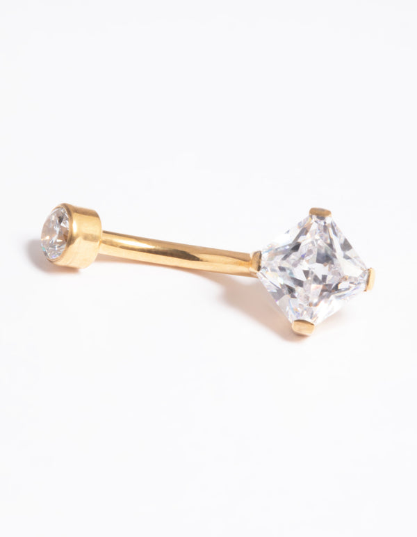 Gold Plated Titanium Threadless Cubic Zirconia Belly Bar