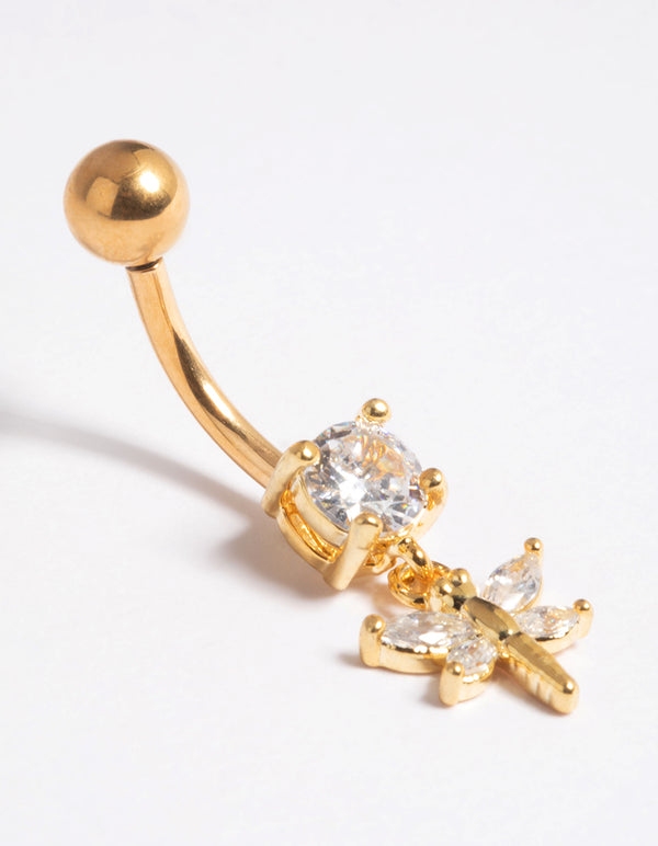 Gold Plated Titanium Threadless Dragonfly Belly Bar