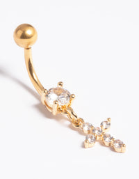 Gold Plated Titanium Threadless Cubic Zirconia Cross Belly Bar - link has visual effect only