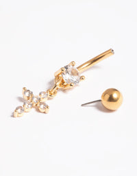Gold Plated Titanium Threadless Cubic Zirconia Cross Belly Bar - link has visual effect only
