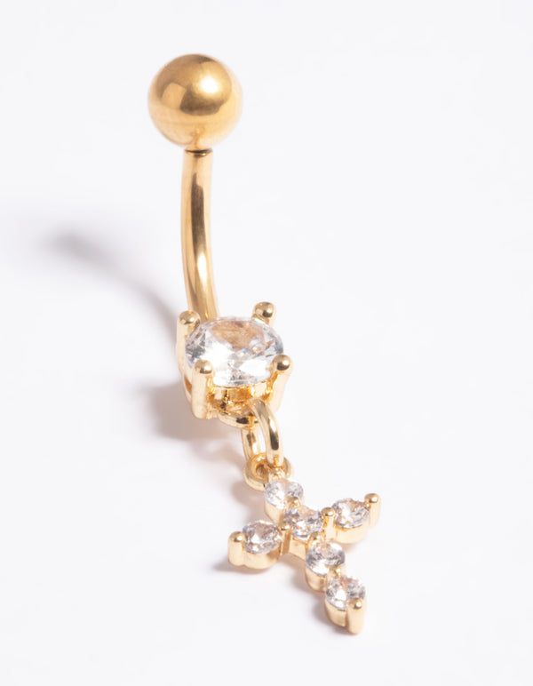 Gold Plated Titanium Threadless Cubic Zirconia Cross Belly Bar