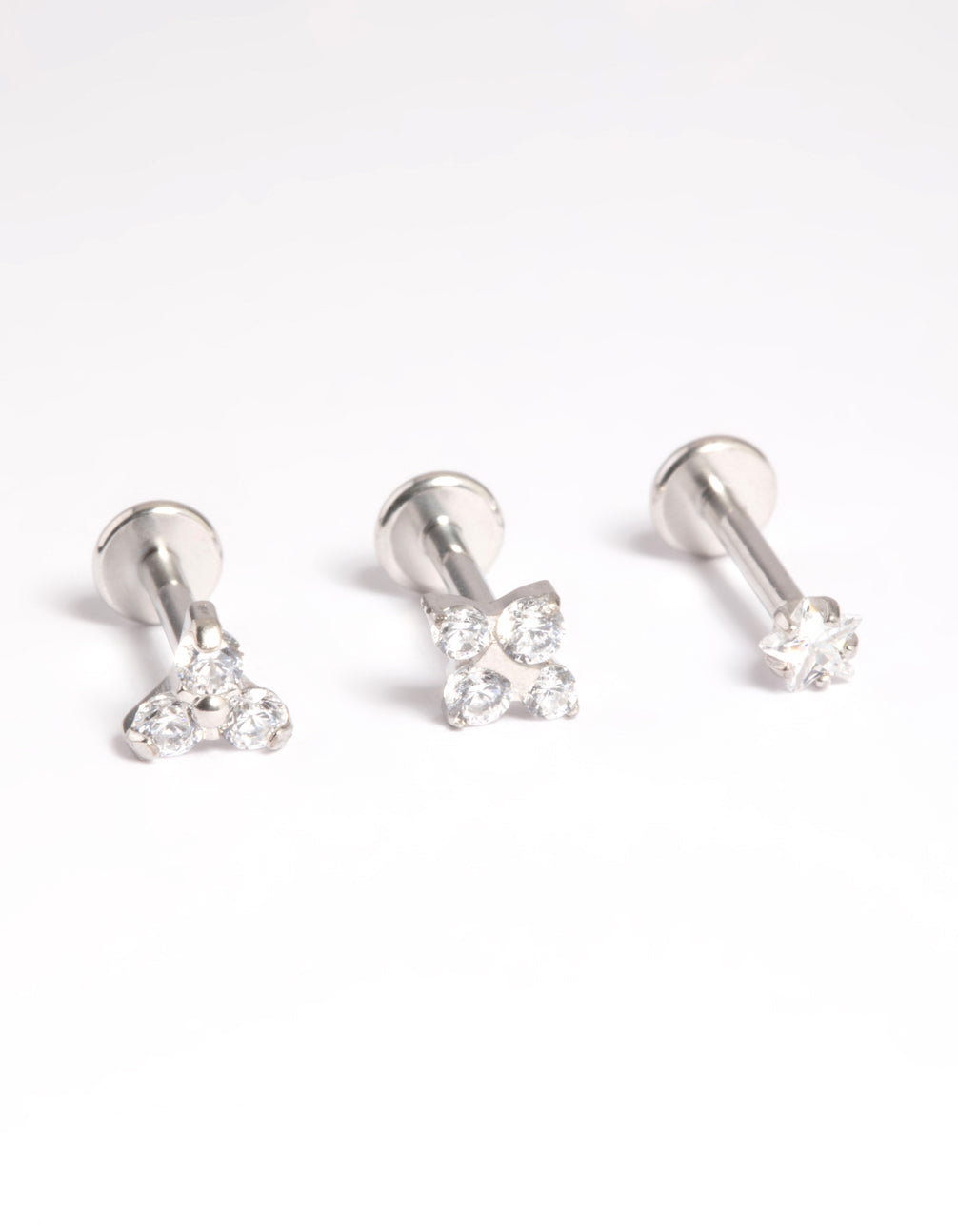 Platinum Plated Titanium Threadless Cubic Zirconia Geometric Flat Back Pack