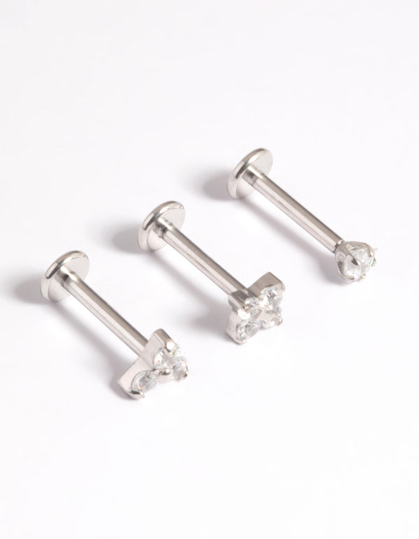 Platinum Plated Titanium Threadless Cubic Zirconia Geometric Flat Back Pack