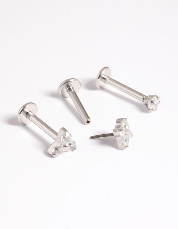 Platinum Plated Titanium Threadless Cubic Zirconia Geometric Flat Back Pack