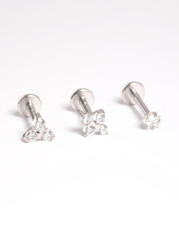 Platinum Plated Titanium Threadless Cubic Zirconia Geometric Flat Back Pack