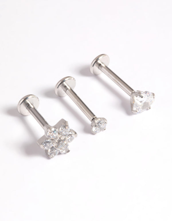 Platinum Plated Titanium Threadless Cubic Zirconia Flower Flat Back Pack