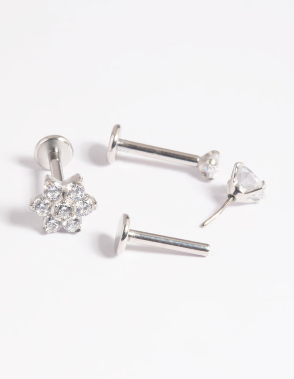 Platinum Plated Titanium Threadless Cubic Zirconia Flower Flat Back Pack