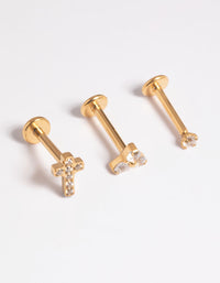 Gold Plated Titanium Threadless Cubic Zirconia Cross Flat Back Pack - link has visual effect only