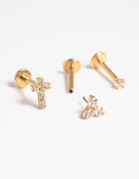 Gold Plated Titanium Threadless Cubic Zirconia Cross Flat Back Pack - link has visual effect only