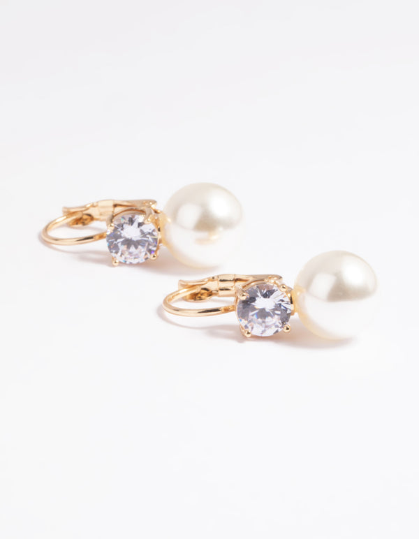 Gold Cubic Zirconia Pearl Huggie Hoop Earrings