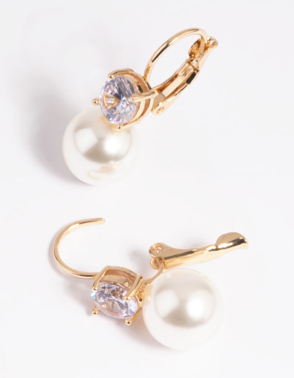 Gold Cubic Zirconia Pearl Huggie Hoop Earrings