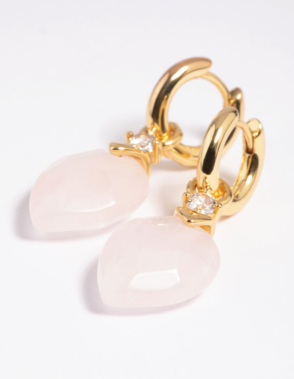Gold Plated Cubic Zirconia & Rose Quartz Huggie Hoop Earrings