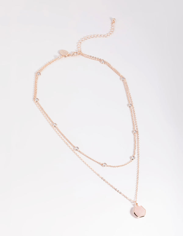 Rose Gold Plated Cubic Zirconia & Quartz Layered Necklace