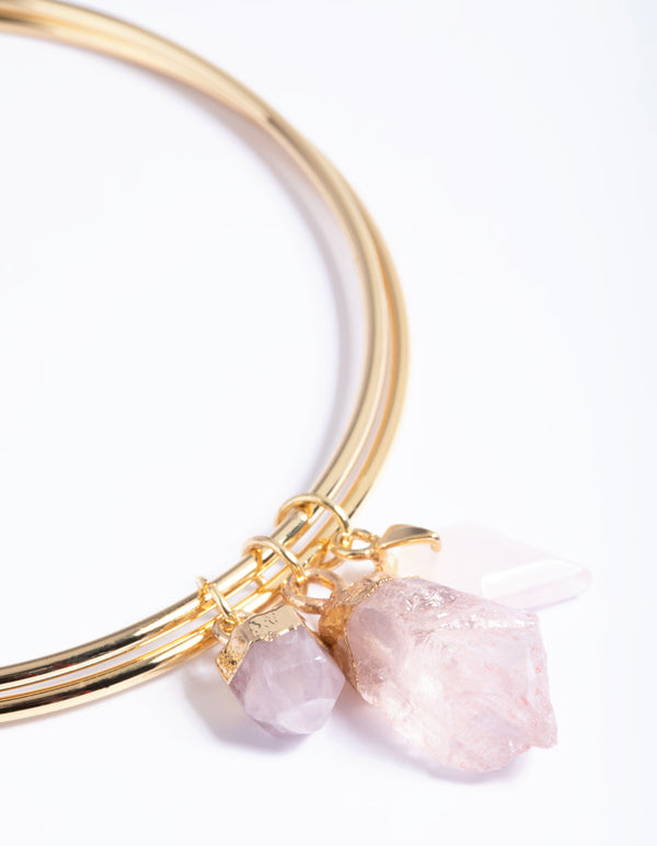 Gold Plated Rose Quartz Charm Bangle Bracelet