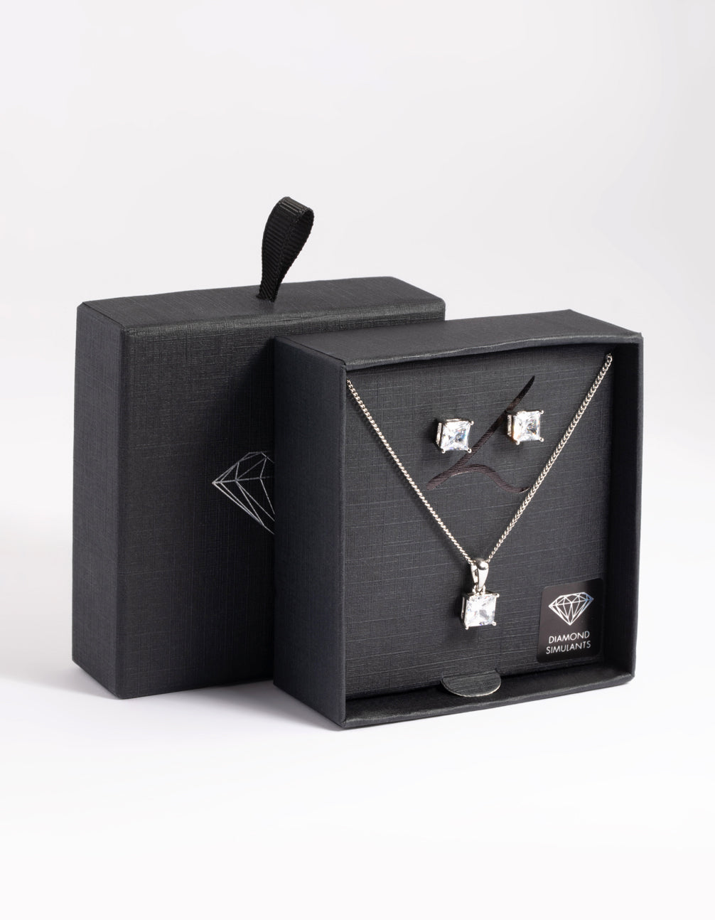 Silver Diamond Simulant Square Necklace & Earrings Set