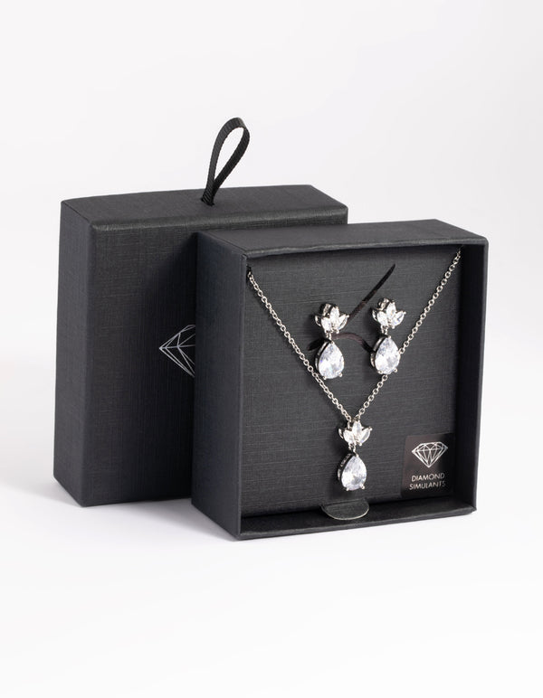 Silver Diamond Simulant Marquise Necklace & Earrings Set