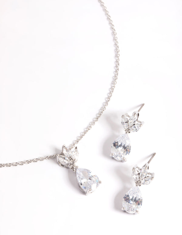 Silver Diamond Simulant Marquise Necklace & Earrings Set