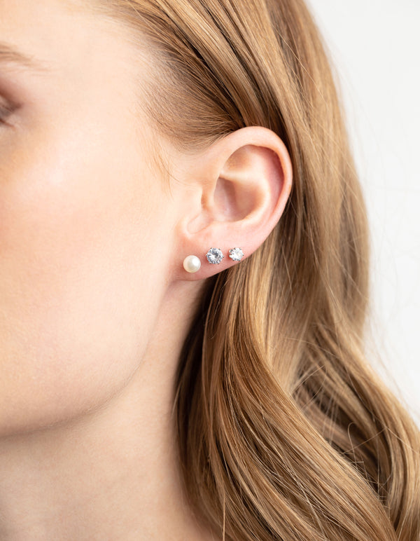 Silver Diamond Simulant Freshwater Pearl Necklace & Earrings Set