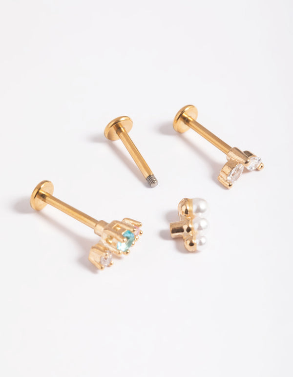 Gold Plated Titanium Cubic Zirconia Pearl Bar Flat Back