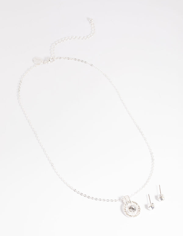 Silver Diamante Round Necklace & Earrings Set