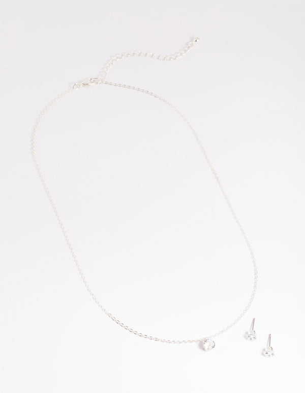 Silver Dainty Diamante Necklace & Earrings Set