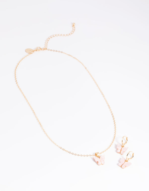 Pink Butterfly Necklace & Earrings Set