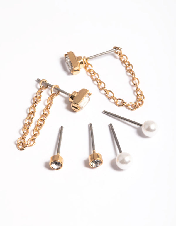 Gold Pearl & Diamante Chain Earrings Pack