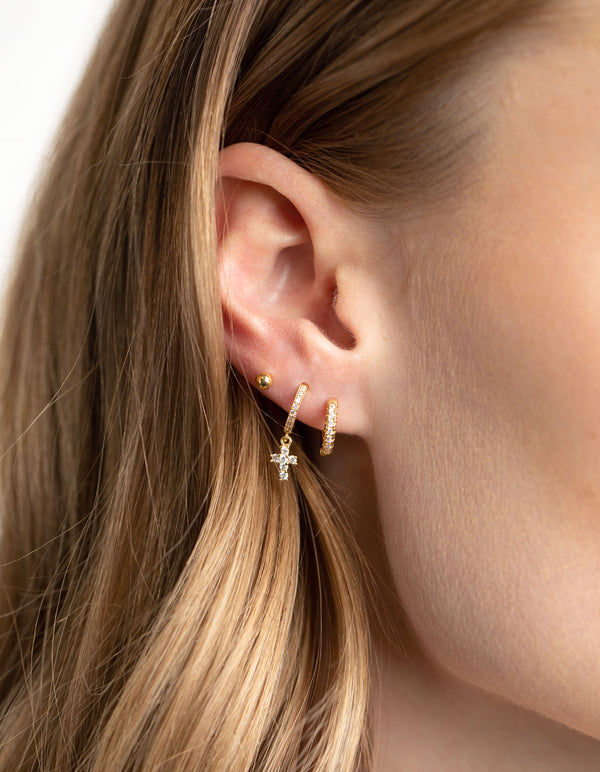 Gold Plated Brass Cubic Zirconia Pave Cross Earring Stack 6-Pack