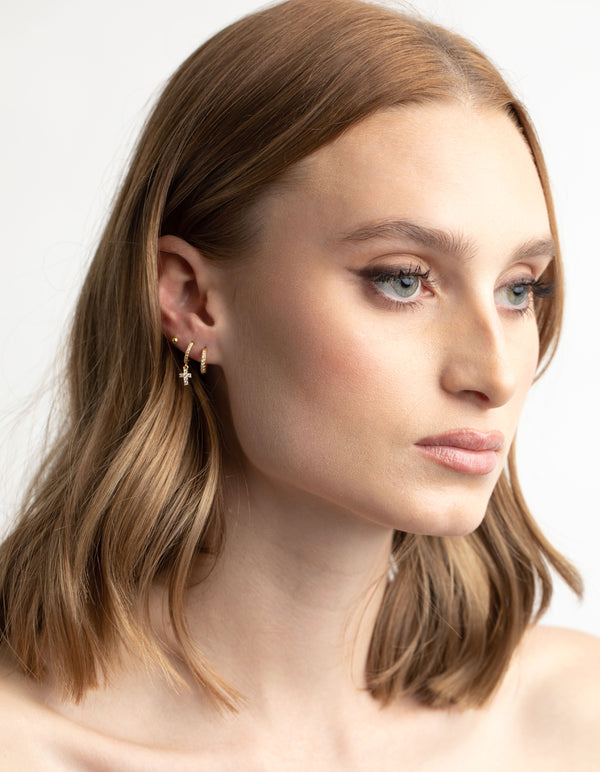 Gold Plated Brass Cubic Zirconia Pave Cross Earring Stack 6-Pack