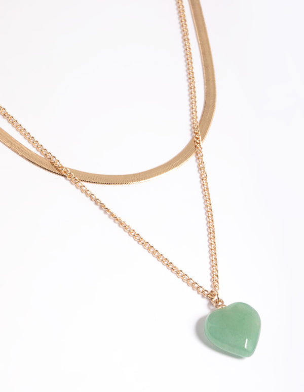 Gold Green Aventurine Heart Layered Necklace