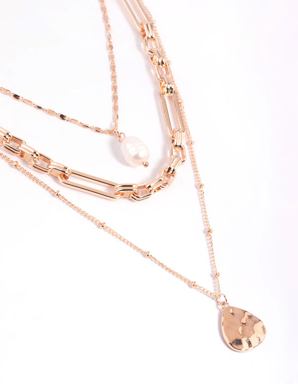 Rose Gold Layered Pearl & Coin Necklace