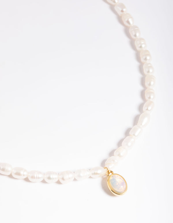 Gold Plated Freshwater Pearl Oval Drop Necklace