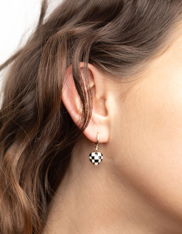 Gold Black & White Checkered Heart Huggie Earrings