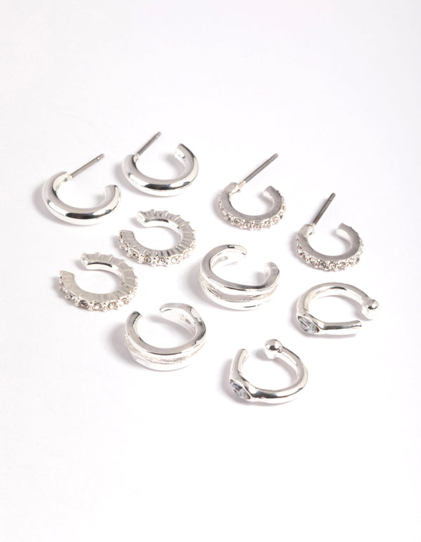 Silver Plated Diamante Hoops 5-Pack
