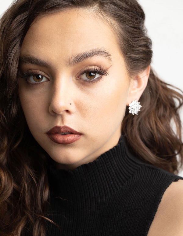 Silver Pave Flower Stud Earrings