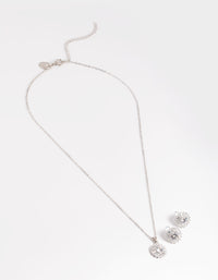 Rhodium Diamond Simulant Halo Studs & Necklace - link has visual effect only