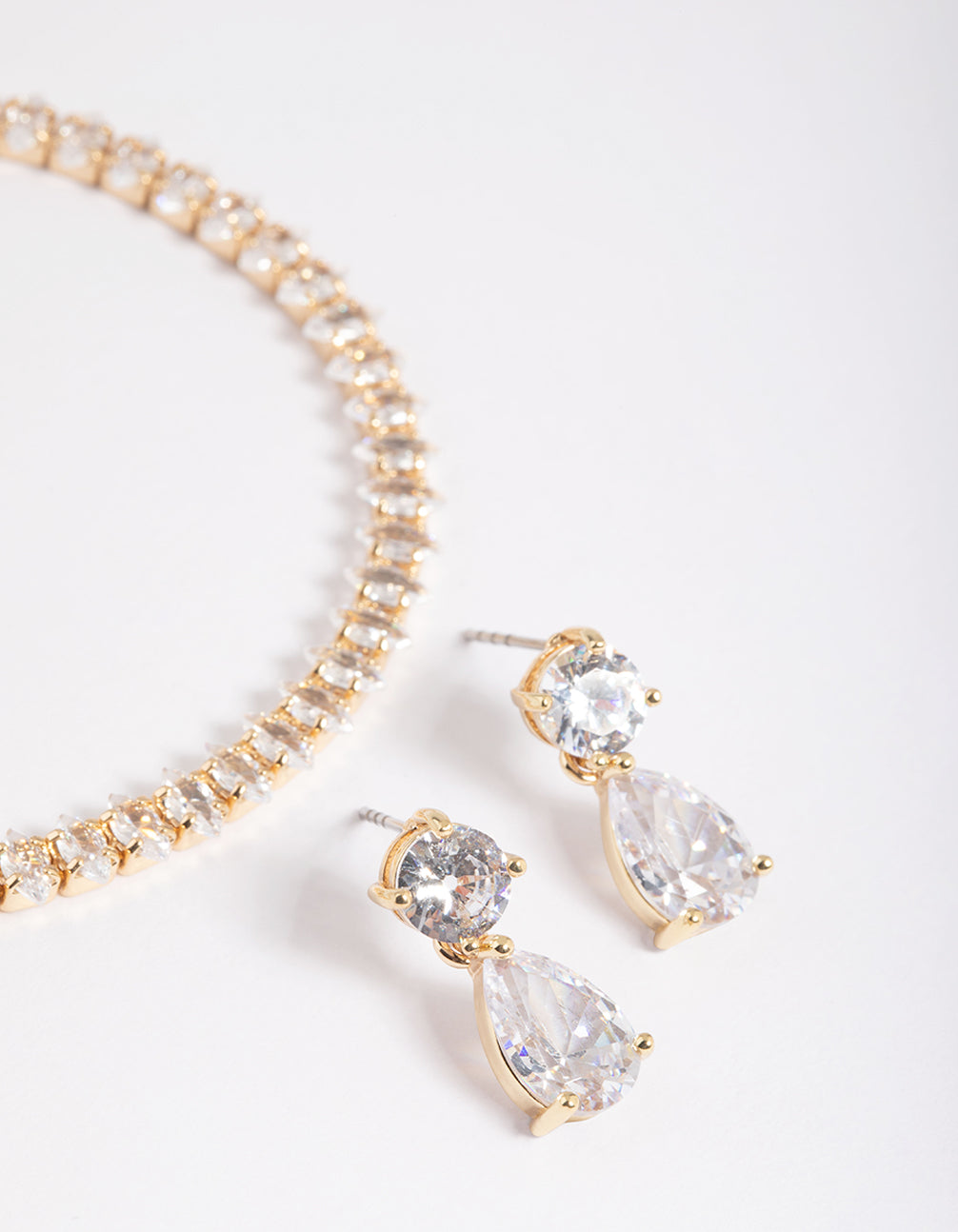 Gold Diamond Simulant Drop Earrings & Marquise Bracelet