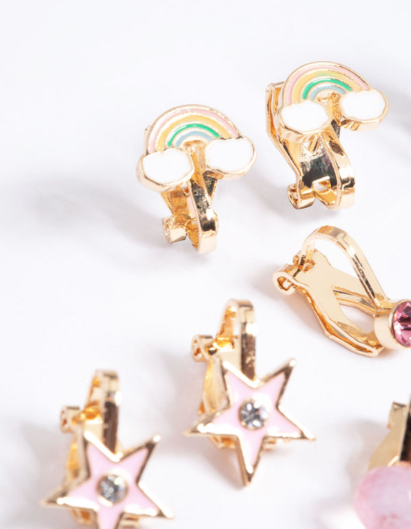 Kids Gold Pastel Rainbow 5-Pack Clip On Earrings