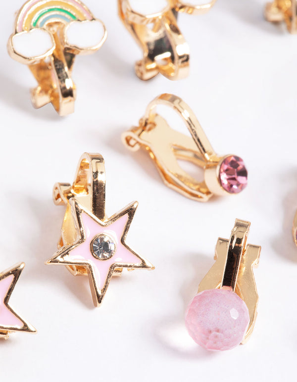 Kids Gold Pastel Rainbow 5-Pack Clip On Earrings