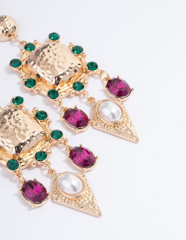 Gold Mixed Diamante Stone Statement Drop Earrings