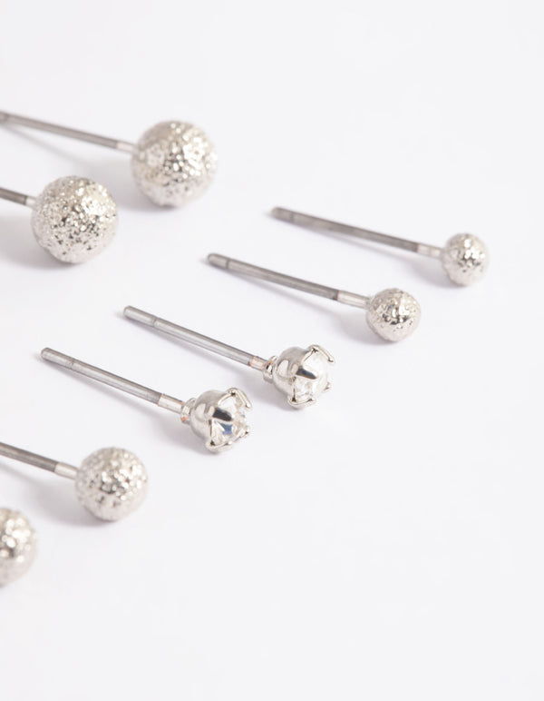 Rhodium Diamante Textured Stud Earrings 5-Pack