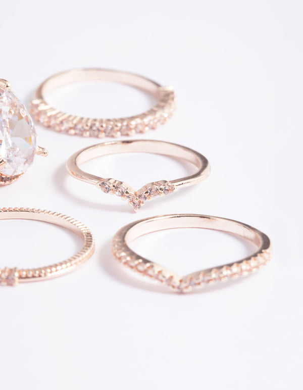 Rose Gold Cubic Zirconia Pear Ring 5-Pack