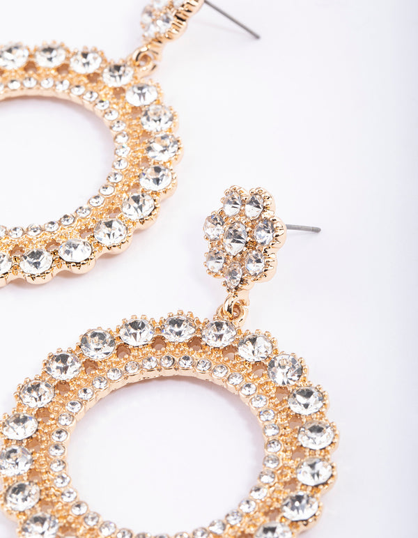 Gold Diamante Flower Stud Round Hoop Earrings