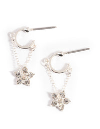 Silver Diamante Flower Chain Huggie Earrings - link has visual effect only