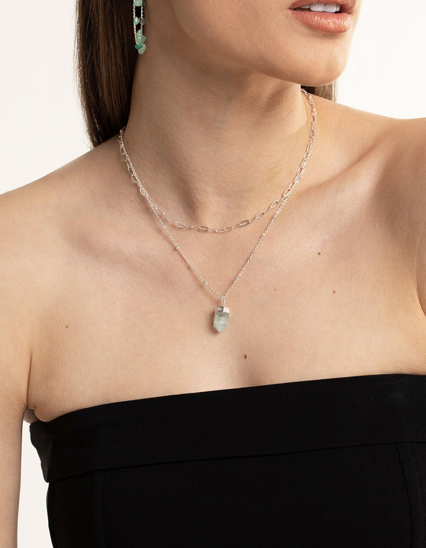 Silver Green Fluorite Shard Oval Layered Necklace