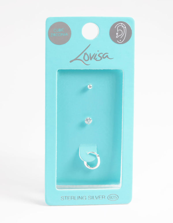 Sterling Silver Cubic Zirconia Ball & Huggie Curated Ear Pack