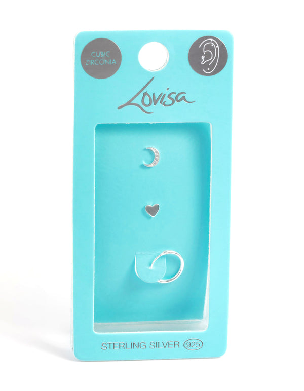 Sterling Silver Cubic Zirconia Heart & Moon Curated Ear Pack