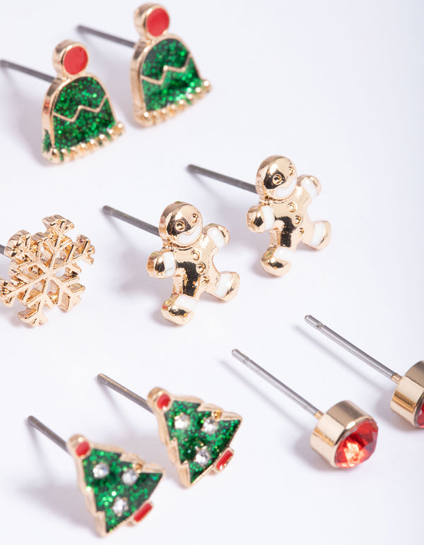 Kids Gold Hat & Bow 6-Pack Stud Earrings