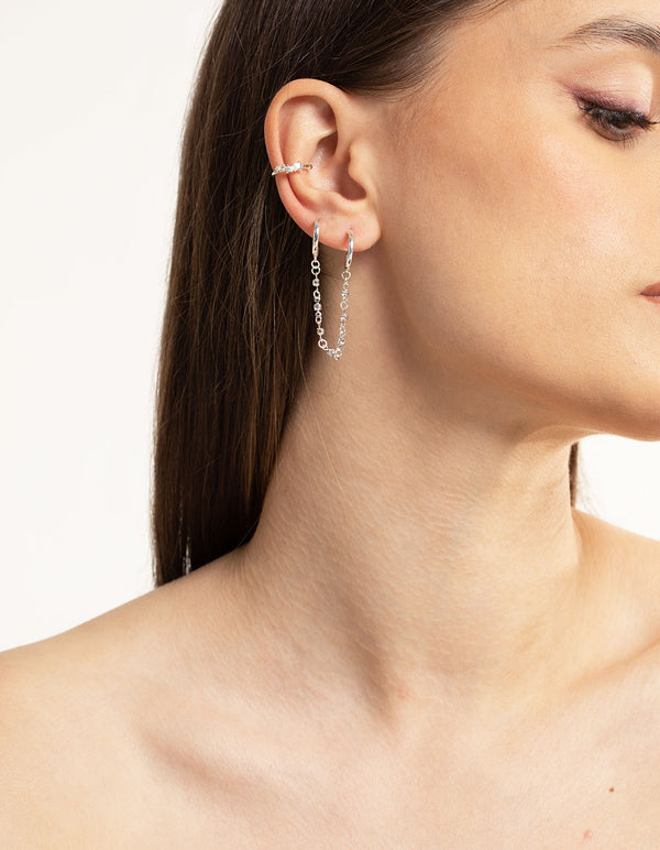 Silver Plated Cubic Zirconia Huggie Chain Earrings 6-Pack